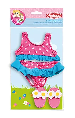 Heless 787 - Schwimm-Set für Puppen, 3 teilig, Flotter Bikini mit Badeschläppchen, Größe 35-45 cm, für Badespaß an heißen Sommertagen