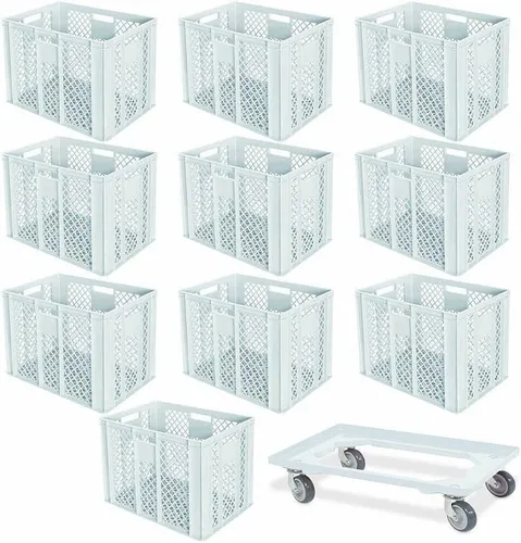BRB-Lagertechnik Stapelbox Set mit Transportroller - Set aus 10 Eurobehältern (600x400x410 mm) und Transportroller, ideal für sicheres Lagern und Transportieren von Lebensmitteln. Robuste, lebensmittelechte Konstruktion mit optimaler Luftzirkulation.