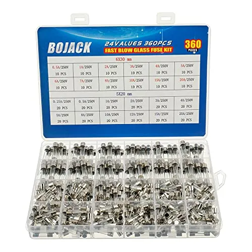 BOJACK 24 Werte 360 Stück Glas sicherungen Sortiment 5x20mm 250V 0,25 0,5 1 2 3 4 5 8 10 12 15 20A 6x30mm 250V 0,5 1 2 3 4 5 6 7 8 10 15 20A Paket in einer durchsichtigen Kunststoffbox