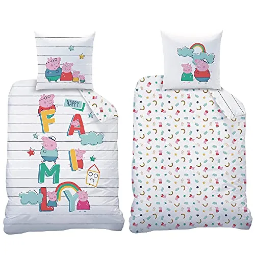 Peppa Wutz Pig Kinder-Bettwäsche Set 135x200 cm - Bettwaren-Set für Kinder, 100% Baumwolle in Renforcé-Qualität, pflegeleicht und hautfreundlich für erholsamen Schlaf mit Reißverschluss.