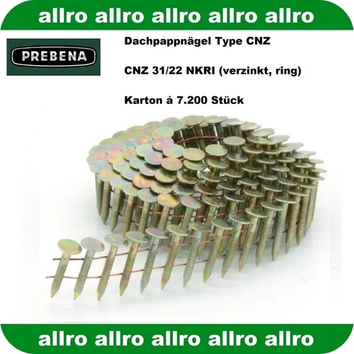 Prebena Dachpappnagel zn 7200 Stück CNZ31/22NKRI - Dachpappnägel für eine sichere Befestigung, ideal für Dachdeckerarbeiten und wetterfest.