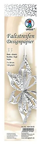 Ursus 16040000 - Faltstreifen Designpapier Apart Klassik, weiß/silber, 33 Blatt, ca. 7 x 30 cm, 120 g/qm, durchgefärbt, Vorderseite mit Perleffekt, folienveredelt, inklusive Bastelanleitung