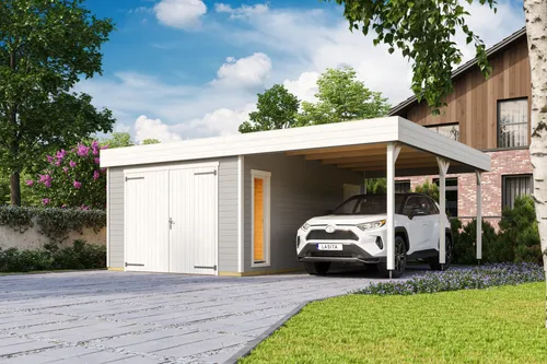 Garage Pultdach 44 mm Bahamas mit Holztor grau 680x560 cm - Geräumige Holzgarage mit Pultdach, 34,59 m² Nutzfläche und abschließbarem Holztor. Ideal für die sichere Aufbewahrung von Fahrzeugen und Geräten.