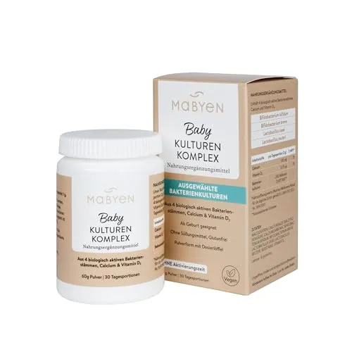 MABYEN Baby Kulturen Komplex 60g Pulver | 30 Tagesportionen - Neugeborene & Babys - 4 Bakterienstämme, Clacium, Vitamin D3 - Nahrungsergänzung