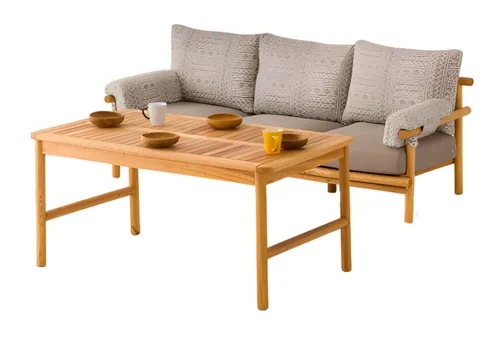 Stilvolles Gartenmöbel Set aus Holz und Textil in Beige - Elegantes Lounge Set für den Außenbereich, bestehend aus einem Sofa und einem Tisch. Ideal für entspannte Stunden im Garten, mit geprüfter Qualität und modernem Design.