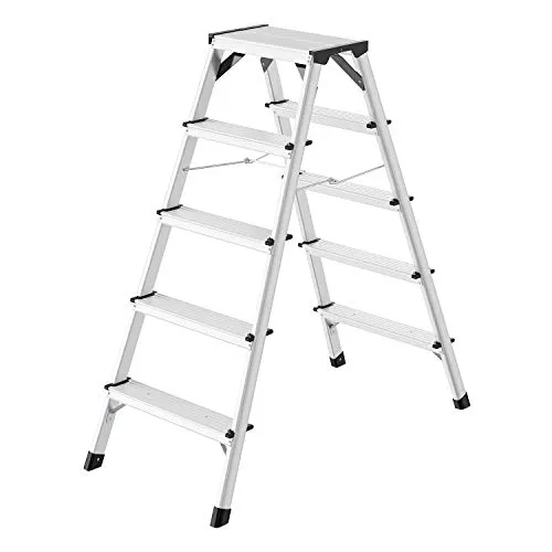 Hailo D60 StandardLine Aluminium-Doppelstufen-Stehleiter 2 x 5 Stufen - Leiter aus leichtem Aluminium, ideal für sicheres Arbeiten in der Höhe mit einer Tragfähigkeit von bis zu 150 kg.