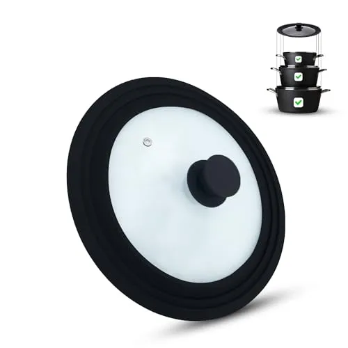 M.S.N Universal Glasdeckel, Töpfe und Pfannen 24/26/28 cm, mit Auslassventil und Silikonrand. (Schwarz, 24/26/28)