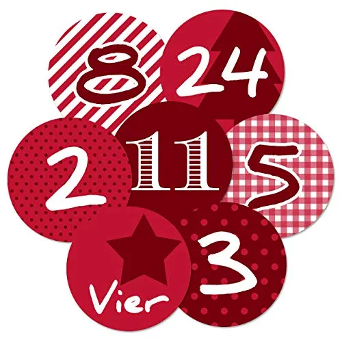Frau WunderVoll® 24 Adventskalenderzahlen Aufkleber rot, Durchmesser 4 cm/Sticker, Weihnachten, Adventskalender, DIY Kalender, Kindergeburtstag, Aufkleber Kinder,Junge, Mädchen