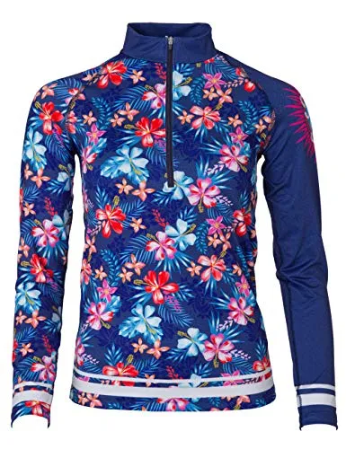 FreiSein Langarm Funktions-Shirt Base-Layer mit Stehkragen und Reißverschluß jeansanmutung Hawaii Blume Gondel Freedesign (Damen)