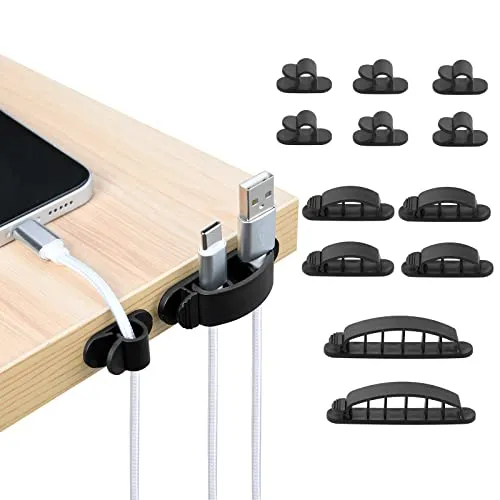 URAQT Kabelclips Kabelhalter, 12 Stück Vielzwecke Kabelführung Kabel Organizer Set für Schreibtisch, Netzkabel, USB Ladekabel, Ladegeräte, Audiokabel, Schwarz