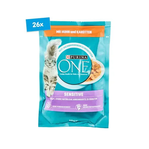 PURINA ONE Sensitive Katzenfutter nass, Huhn in Sauce, 26er Pack - Hochwertiges Nassfutter für sensible Katzen mit zarten Hühnerstückchen und Karotten. Großpackung mit 26 Einzelportionen, ideal für eine ausgewogene Ernährung.