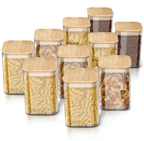 Arendo Vorratsgläser Set 10x 1,65 L mit Bambusdeckel - Praktisches 10er Set aus Borosilikatglas. Ideal zum luftdichten Aufbewahren von Lebensmitteln. Mit Silikondichtung für optimalen Schutz der Aromen!
