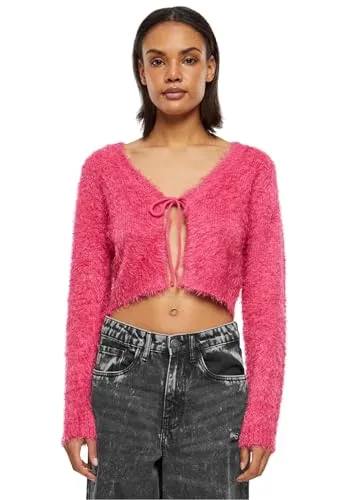 Urban Classics Damen Strickjacke Ladies Tied Cropped Feather Cardigan hibiskuspink - Strickjacke für Damen mit sexy Formgebung: tiefem Ausschnitt und bauchfreiem Schnitt, ideal für trendbewusste Looks.