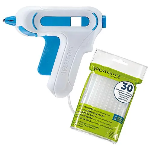 Westcott Mini Heißklebepistole inkl. 30stk Klebestiften, Set mit Klebepistole und Klebesticks für Schule Haus & Büro, weiß/blau