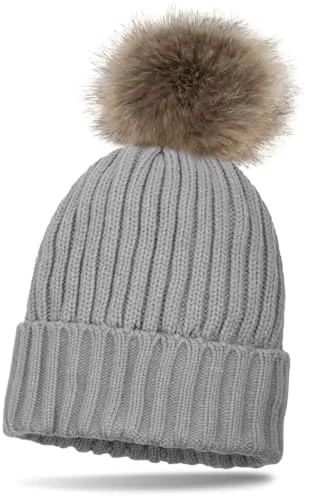 styleBREAKER Kinder Strick Bommelmütze mit Perlrippen Muster und Thermo-Fleece Futter, Winter Strickmütze mit Kunstfell Bommel 04024031, Farbe:Grau