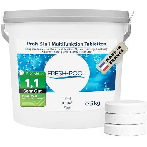 Fresh-Pool Poolpflege Profi 5in1 Multifunktion Tabletten 200g - 5 kg - Poolpflege für Schwimmbäder und Whirlpools, bietet 5in1 Schutz gegen Chlor, Algen und Flockung, ideal für sauberes Wasser und einfache Anwendung.