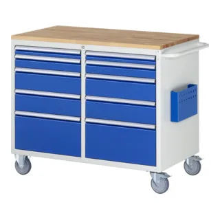 Rau Werkstattwagen Serie 7000 - Montagewagen mit 450 kg Tragkraft, 10 Schüben und massiver Buche-Arbeitsplatte für optimale Organisation in Werkstätten. Made in Germany, zentral abschließbar und mit 5 Jahren Garantie.