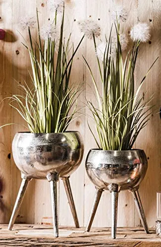 Vase Blumenvase Gefäß Pokalvase Dekovase Pflanztopf Aluminium Silber, Deko Modern aus Metall, Wohnzimmer und Küche, Tripod Dreibein 32 cm oder 38 cm (35x35x38 cm)