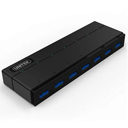 UNITEK Hub 7 Port USB 3.0 aktiv mit Stromversorgung, Datenhub Multiport Verteiler für PC, Laptop, Tastatur, Mouse, Drucker, iOS (Mac) + Windows Kompatibilität, Plug&Play, Schwarz, Y-3184, 7x USB 3.0 mit Stromversorgung