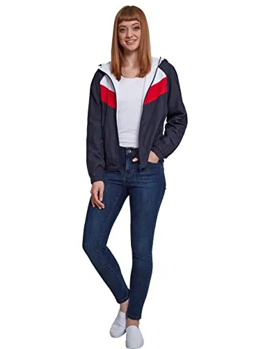 Urban Classics Damen 3-Tone Windbreaker Jacke - Funktionsjacke in Navy/White/Fire Red mit auffälligem Design, ideal für aktive Frauen. Leicht, mit verstellbarer Kapuze und durchgehendem Reißverschluss.