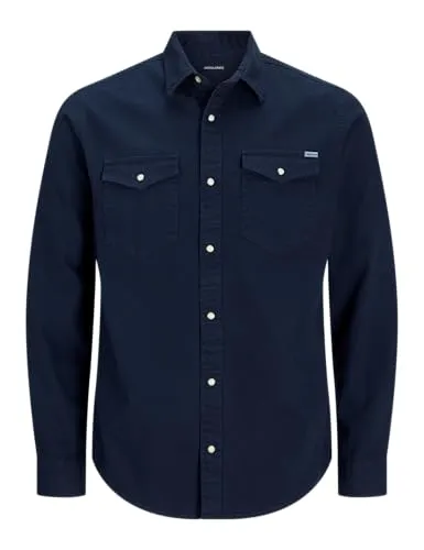 JACK & JONES Herren JJESHERIDAN Shirt L/S NOOS 12138115, Dark Navy - Herrenhemden aus hochwertiger Bio-Baumwolle, umweltfreundlich und mit praktischen Brusttaschen für den modernen Alltag.
