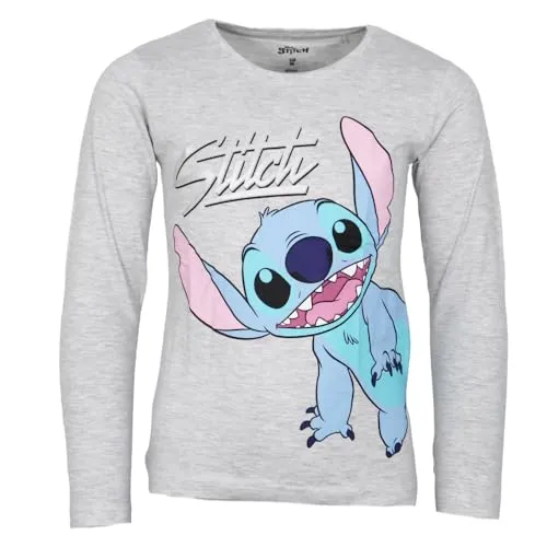 Disney Stitch Mädchen Langarmshirt – Longsleeve mit großem Stitch-Print – Offizielles Lizenzprodukt – Größen 98–128 – aus Baumwolle – in Blau oder Grau, Farbe: Grau, Bekleidungsgröße: 104