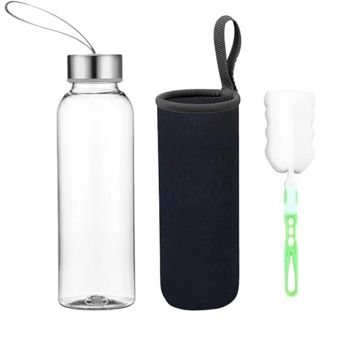 Voarge Glasflasche- BPA-frei Glasflasche - Trinkflasche Classic mit Nylon Tasche - für Unterwegs Sport Flasche Glas Flasche Water Bottle Wasserflasche Trinkflasche aus Glas (Schwarz, 550ML)