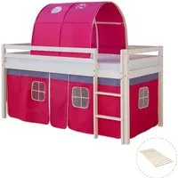 Homestyle4u Hochbett 90x200 mit Vorhang und Tunnel - Stabiles Hochbett aus Kiefernholz in Weiß, inklusive abnehmbarem Stoffvorhang und Lattenrost. Optimiert Platz im Kinderzimmer mit 75 cm Höhe für Spielbereiche. Sicherer Schlaf durch abgerundete Kanten und Absturzsicherung.