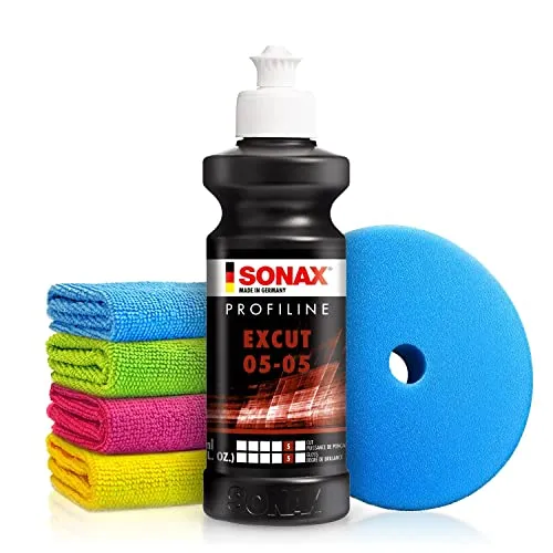 Autopolitur Set: Sonax Profiline ExCut 05-05 Schleifpolitur (250ml) - Zum Abschleifen von verkratzten oder lokal angeschliffenen Lackschichten - Auto polieren, Schleifpaste, Heavy Cut | 6-teilig