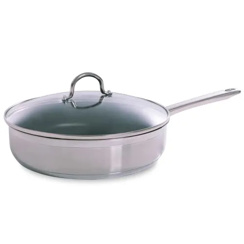 BK Cookware Satinierte Edelstahl-Keramik-Antihaft-Pfanne 28 cm - Pfannen mit elegantem Hochglanz-Design, induktionsgeeignet und PFAS-frei für gesundes, fettarmes Kochen. Ideal zum Garen und für Eintopfgerichte.