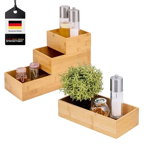 bremermann Gewürzregal Aufbewahrungsboxen 4tlg aus Bambus - Gewürzregale aus natürlichem Bambus, stapelbar und feuchtigkeitsbeständig – ideal für Küche, Badezimmer oder Kinderzimmer.