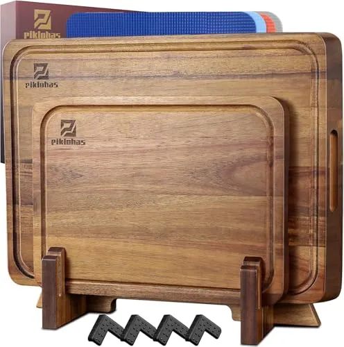 Stück Großes Schneidebrett-Set aus Holz für die Küche, Schneidebretter aus Akazienholz, rutschfeste Füße, 4 Kunststoffmatten, ideal zum Tranchieren von Fleisch, Schneiden von Gemüse, Käse und Brot 10
