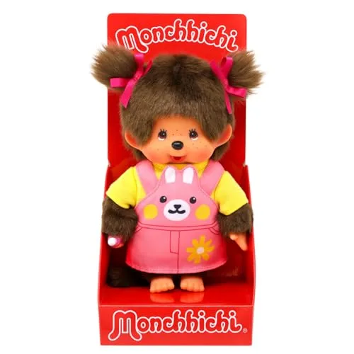 Sekiguchi 203888 Monchhichi Mädchen mit Latzkleid - Niedliches 20 cm großes Plüsch-Kuscheltier mit Hasengesicht, ideal zum Kuscheln und Spielen. Perfektes Geschenk für Kinder und Sammler!