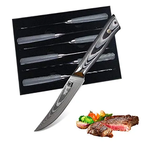 Zayiko Exklusive 6er Damast Steakmesser - Küchenmesser Set aus hochwertigem Damaststahl für müheloses Zerteilen von Steaks, mit eleganten G10 Griffen und in edler Geschenkverpackung, ideal für Fleischliebhaber.