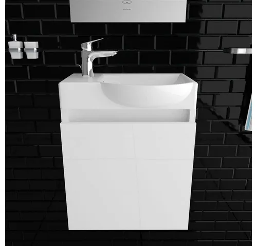 Alpenberger Badmöbel-Set mit Keramik Waschbecken und Softclose Unterschrank - Badmöbel-Set 2-tlg. in Weiß, vormontiert mit Softclose-Funktion, ideal für Gäste-WCs und platzsparend mit Hochglanzlack-Oberfläche.