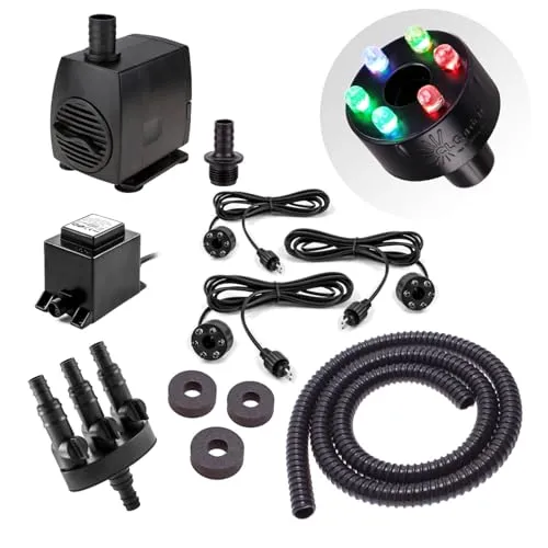 CLGarden Springbrunnen Pumpe Set mit 3X LED Beleuchtung RGB - Brunnenzubehör für mittlere bis große Wasserspiele, inklusive energieeffizienter Pumpe und mehrfarbiger LED-Beleuchtung für beeindruckende Effekte.