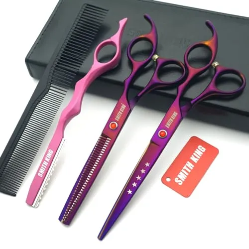 7.0 Zoll Haarschere Set Haarschneideschere & Ausdünnungsschere mit Rasiermesserk?mmen in 1 Satz Violett