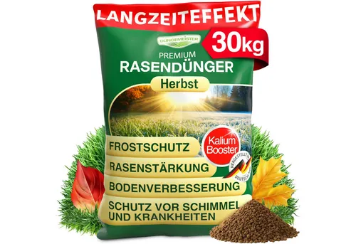 DÜNGEMEISTER Herbstdünger 30 kg - Rasendünger mit KaliumschutzPlus für widerstandsfähigen, sattgrünen Rasen, der Frost und Krankheiten trotzt. Ideal für die Herbstpflege und perfekte Vorbereitung auf das Frühjahr.