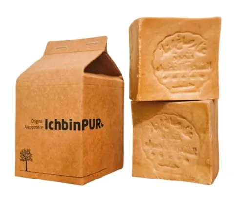 IchbinPUR – Original Aleppo Seife Doppelpack (2x150g), 95% Olivenöl 5% Lorbeeröl, traditionelles Rezept, Haarseife, Duschseife, Handseife, Naturseife, Savon d‘Alep, Plastikfrei
