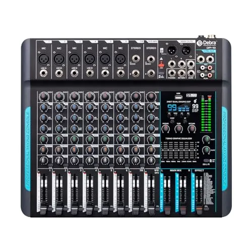 Audio Mixer Professioneller,10 Kanal Stereo Sound Mischpult mit 99 DSP-Reverb/7-Band-Gleichgewicht/USB-Anschluss,Eingang 48 V Phantomspeisung,Ein Klick stumm,für Aufnahme DJ Bühne Musik Anwendung
