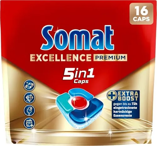 Somat Excellence Premium 5in1 Caps (16 Caps), schnellauflösende Spülmaschinentabs mit Extra Boost auch im Niedrigtemperatur-, Kurz- & Eco-Programm, entfernen selbst 72 h eingetrocknete Essensreste