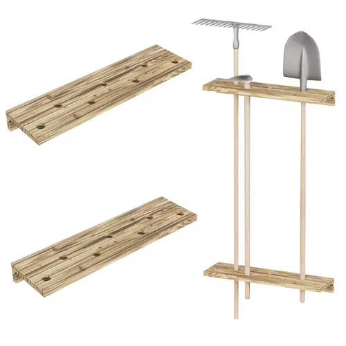 QLS Decken- und Wandhalter für Gartengeräte - Praktischer Organizer für Garage und Werkstatt. Schnelle Installation, aus robustem Kiefernholz, unterstützt bis zu 30 kg – ideal für Ordnung und Platzersparnis.