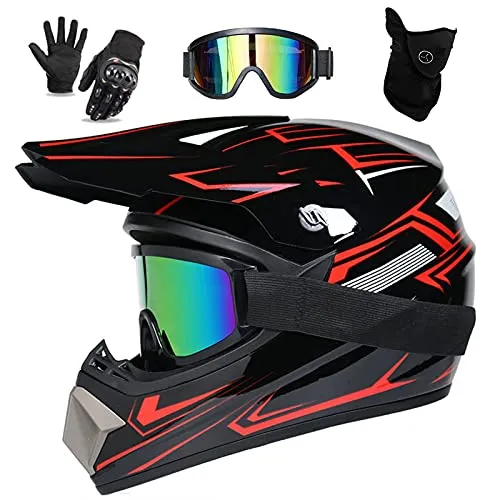UIGJIOG Downhill Motorradhelm Kinder, Helm Set Herren ATV Motorradhelm D.O.T Zertifizierter Helm Mit Brille Handschuhe, Integralhelm MTB Inklusive 4 Größen Helmfutter