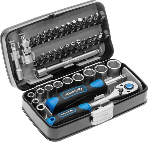 Högert Technik Werkzeugset 38-tlg - Steckschlüssel & Bits aus Cr-V-Stahl - Werkzeug-Set aus 38 Teilen, hergestellt aus legiertem Chrom-Vanadium-Stahl, gesenkschmiedet für hohe Belastbarkeit und ausgestattet mit einer Ratsche mit 72 Klinken – perfekt für Heimwerker und Profis.
