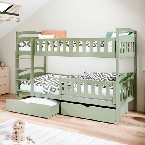 Hochbett 90x200 cm mit Rausfallschutz und Schubladen - Vielseitiges Etagenbett aus massivem Olivgrün Kiefernholz, umbaubar in zwei Einzelbetten. Mit zertifiziertem Rausfallschutz und zwei praktischen Schubladen für optimalen Stauraum.
