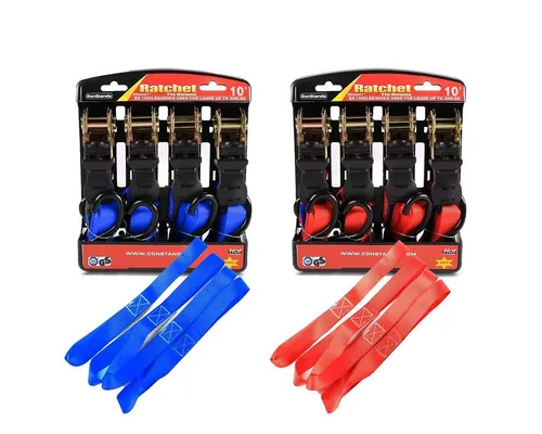 ConStands Motorradheber Set mit 8 Spanngurten und Zurrschlaufen - Praktisches Set mit 4 roten und 4 blauen Spanngurten sowie Zurrschlaufen für sichere Transportsicherung von Motorrädern. Hohe Belastbarkeit von 680 kg, ideal für einfache Handhabung und zuverlässigen Halt.