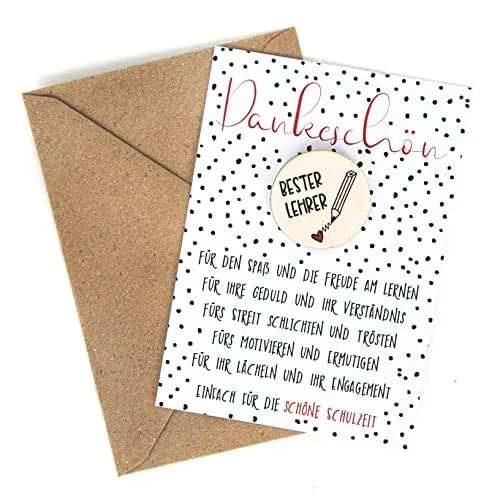 Dankeskarte Bester Lehrer: Abschiedskarte Lieblingslehrer, Abschiedsgeschenk Schule, Karte mit Holztaler, Geschenk Dankeschön, Grußkarte Abschied, Mit Glückstaler, Schulwechsel, Mit Umschlag, DIN A6