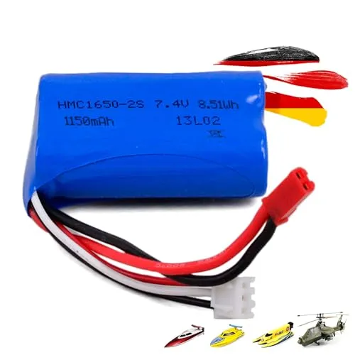 7.4V 1150-mAh 2S Lithium-Ionen Akku, Wiederaufladbarer Li-Ion Akkupack JST-Stecker Batterie für ferngesteuerte RC Fahrzeuge, Hubschrauber, Auto, Flugzeug, Monstertruck, Drohne, Bagger, Boot, Spielzeug