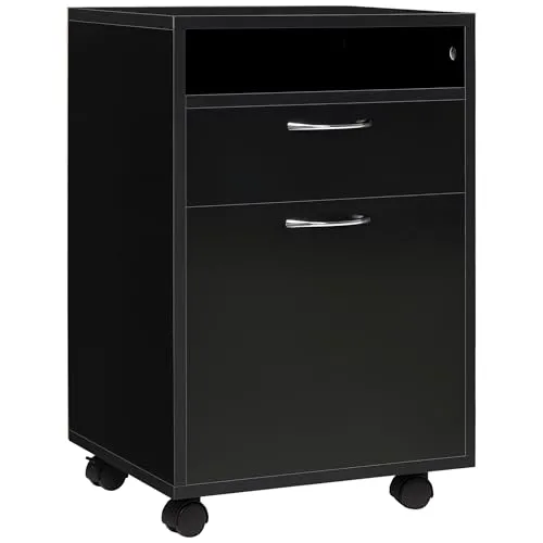 Homcom Rollcontainer Schwarz - Vielseitiger Aktenschrank mit 4 Rollen - Büroschränke mit viel Stauraum: 1 Regal, 1 Schublade und 1 Schrank für Dokumente. Leicht transportierbar durch 4 Drehrollen, ideal für Büro und Arbeitszimmer.