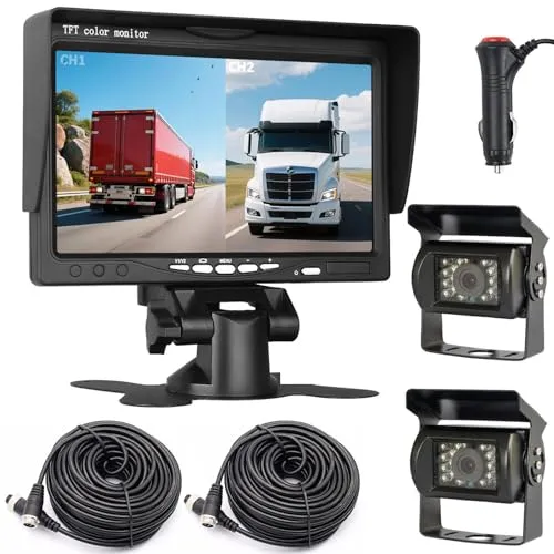 Rückfahrkamera für Wohnmobil/Bus/Anhänger, 4-polig, 12V-24V 7 Inch TFT-LCD-HD-Monitor mit Sonnenschutzhalterung + 2 x 18 LEDs IR Nachtsicht, wasserdichte Rückfahrkamera für Wohnmobil/Bus/LKW
